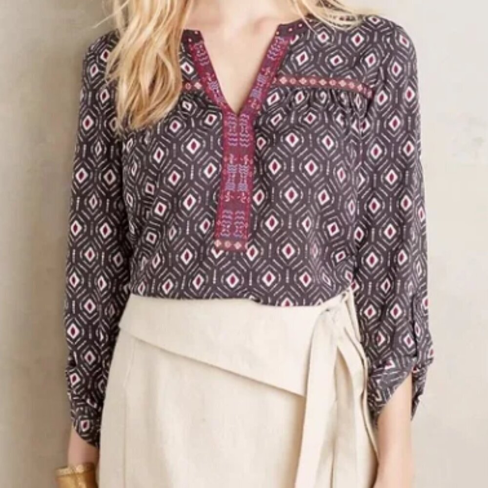 Anthropologie One September Folia Geometric Ikat Print Embroidered Detail Top S